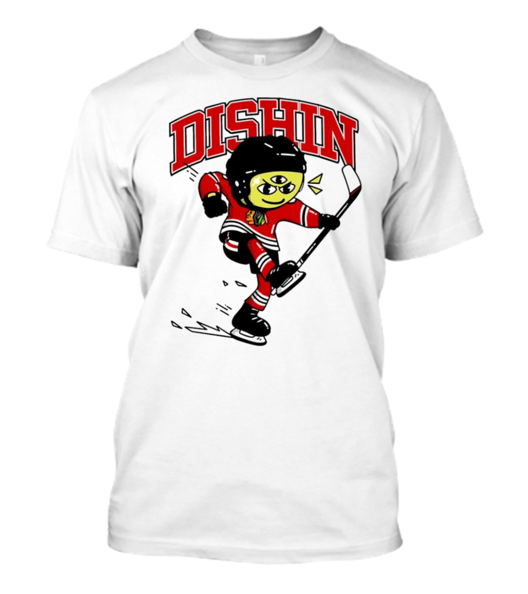 Dishin Chicago Blackhawks Hockey Three-Eyed Mascot T-Shirt