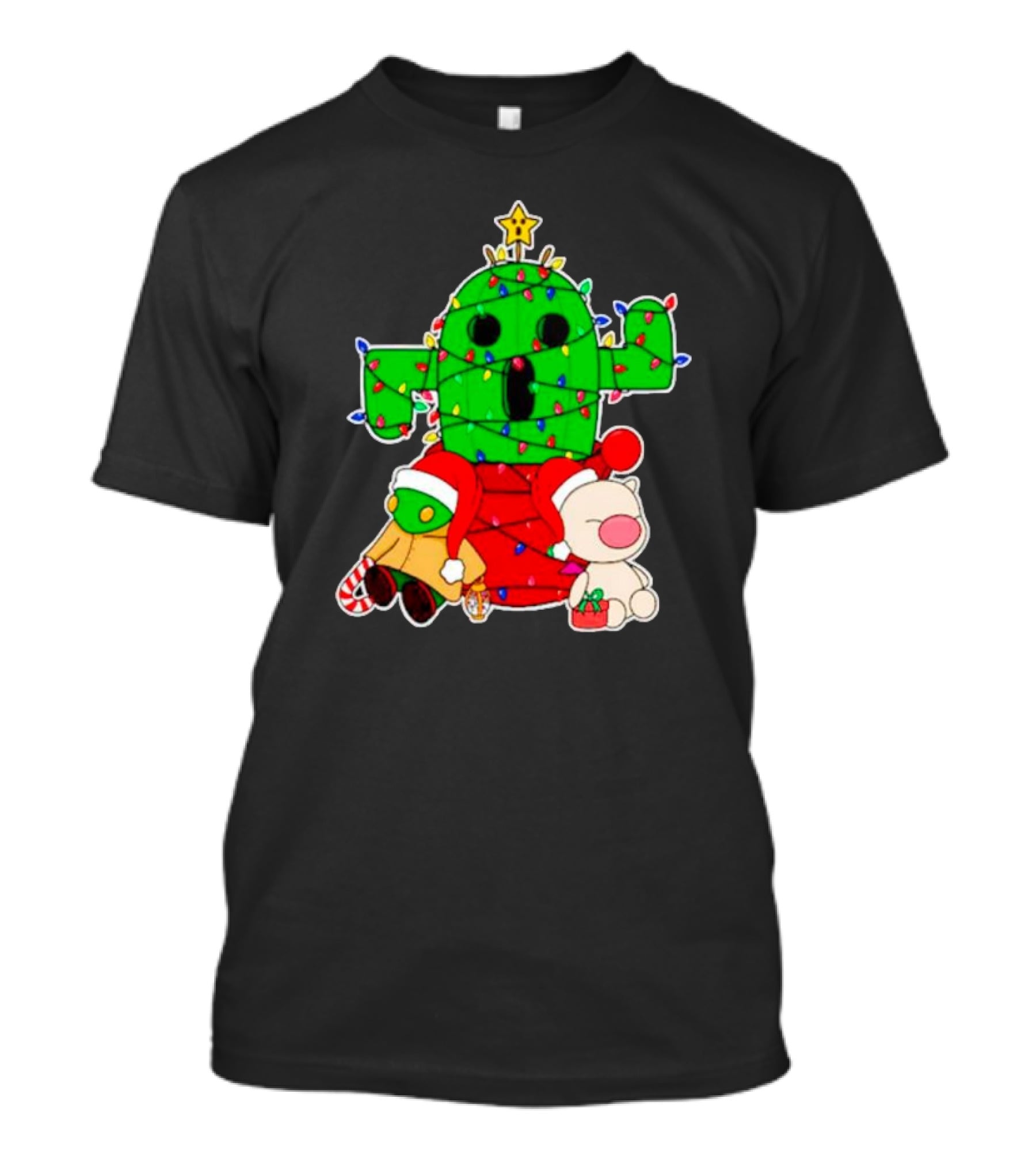 Funny Cactuar Christmas Lights With Moogle And Santa Costumes T-Shirt