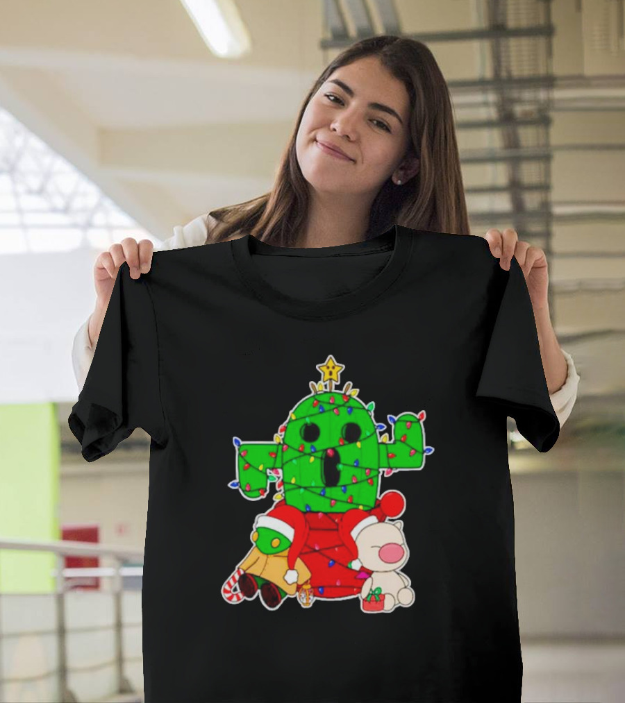 Funny Cactuar Christmas Lights With Moogle And Santa Costumes T-Shirt