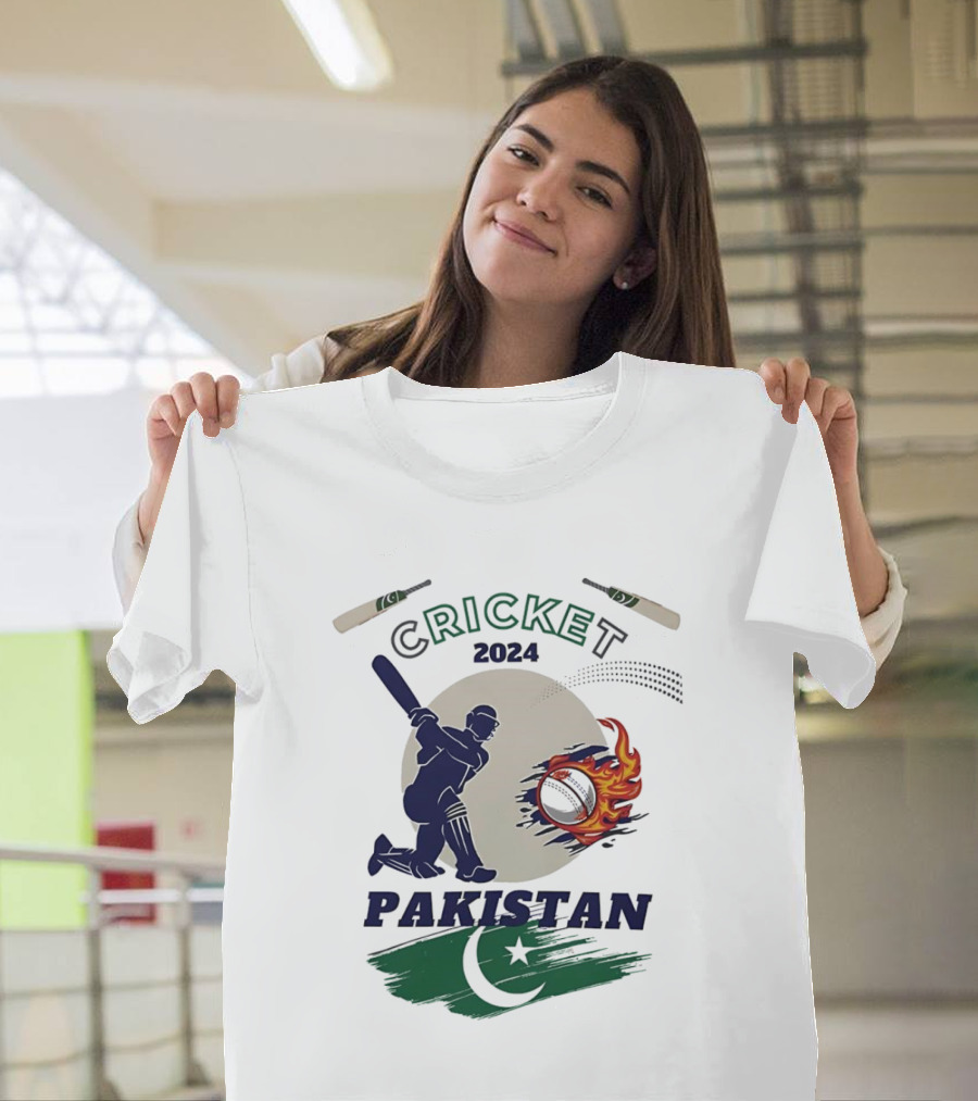 Cricket 2024 Pakistan Batsman and Fiery Ball with Flag Elements T-Shirt