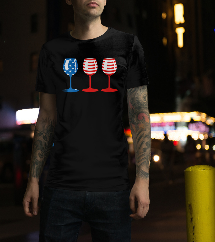 American Flag Fourth Of July Wine Glass Trio Stars And Stripes Patriotic T-Shirt