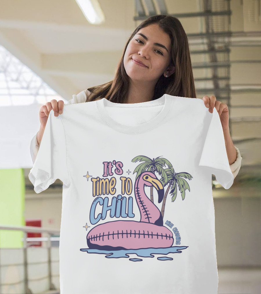 It's Time To Chill Flamingo Palm Trees Ocean Keith Owings T-Shirt
