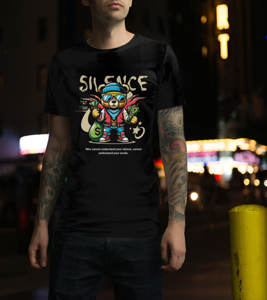 SILENCE Bear In Shades With Money Bags TRD MRK T-Shirt