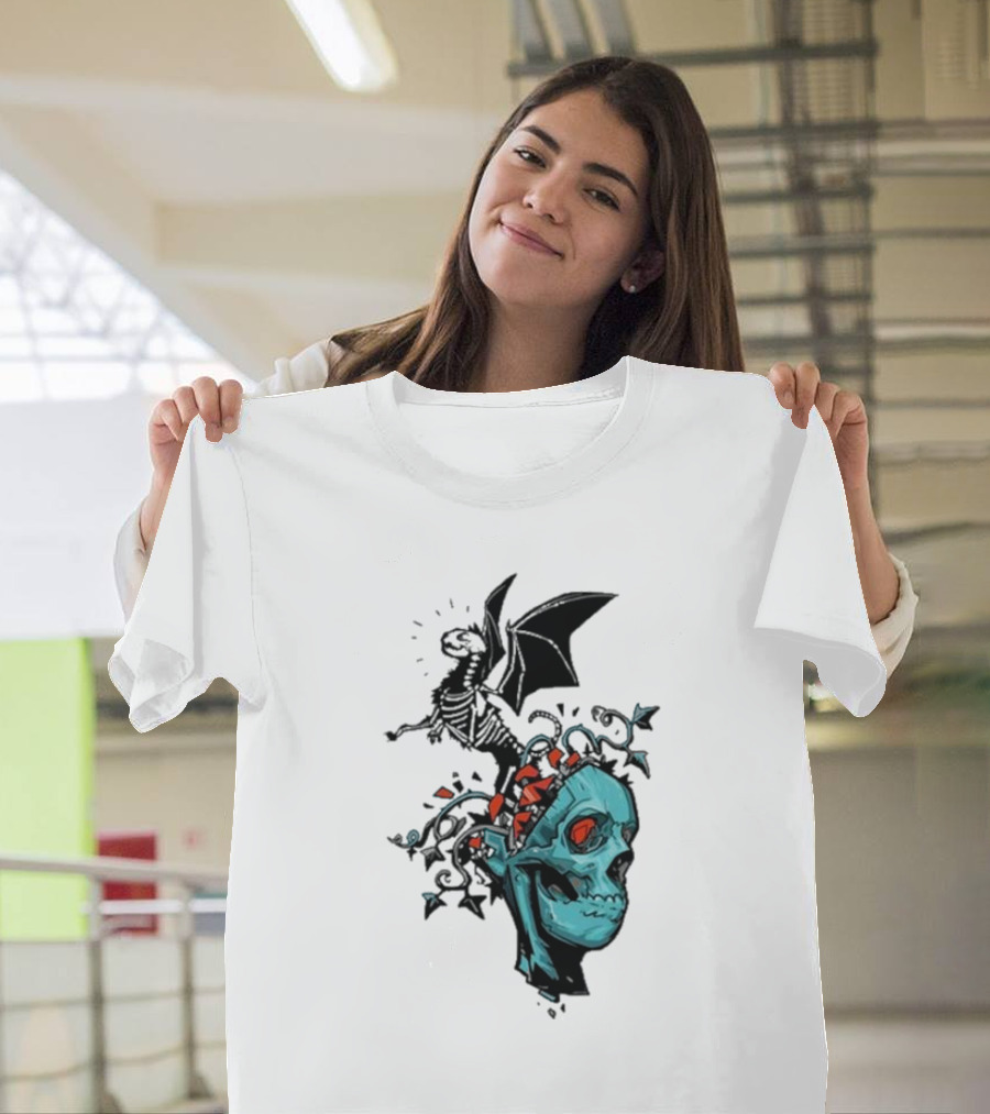 Scott Buoncristiano Skeleton Head With Dragon And Red Accents T-Shirt