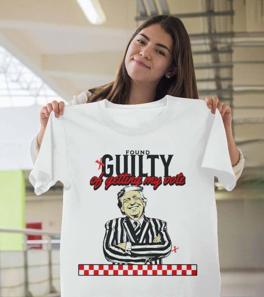 Found Guilty of Getting My Vote Trump Humor with Smiling Figure and Red Checkered Line T-Shirt
