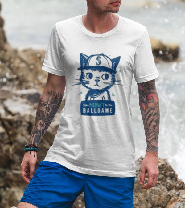 Mariners Take Meow’t To The Ballgame Cat In Baseball Cap T-Shirt