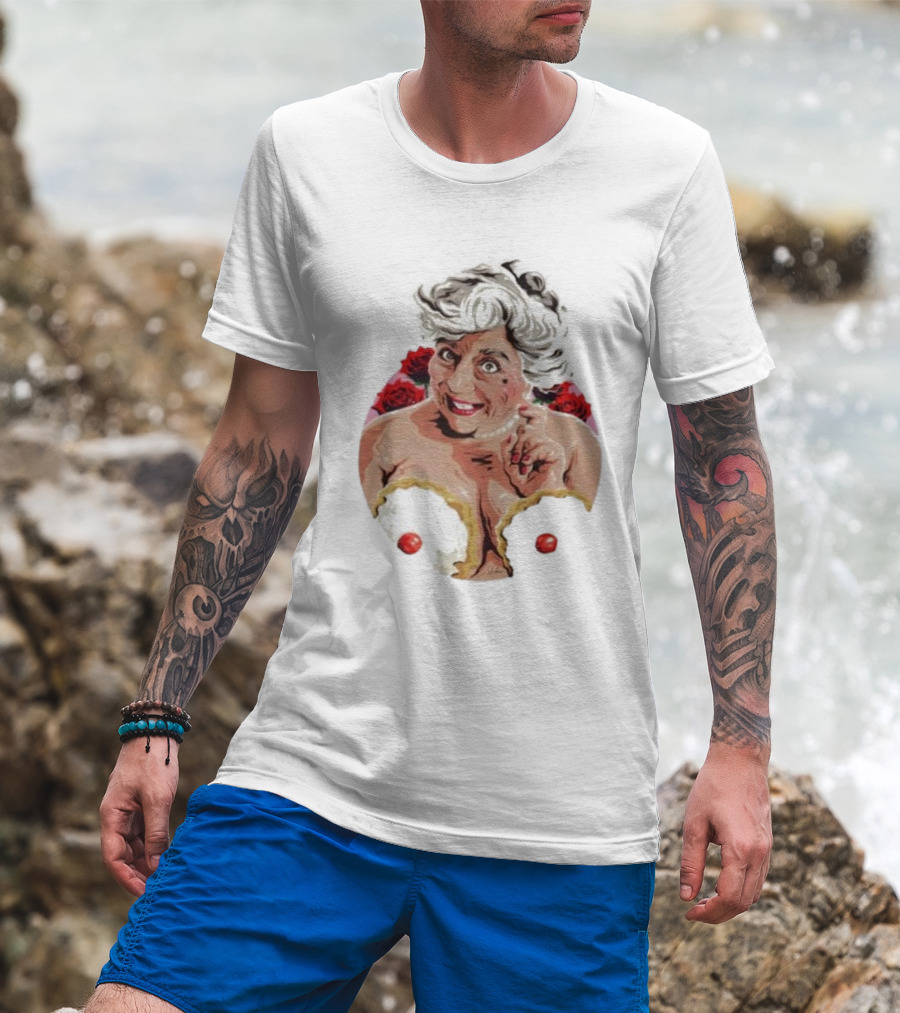 Nordacious Miriam Margolyes Humorous Portrait With Cakes And Roses T-Shirt