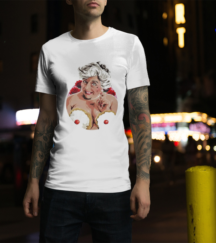 Nordacious Miriam Margolyes Humorous Portrait With Cakes And Roses T-Shirt