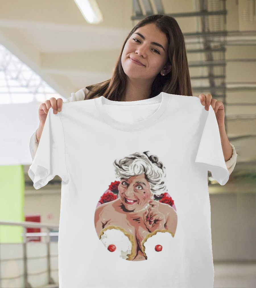 Nordacious Miriam Margolyes Humorous Portrait With Cakes And Roses T-Shirt