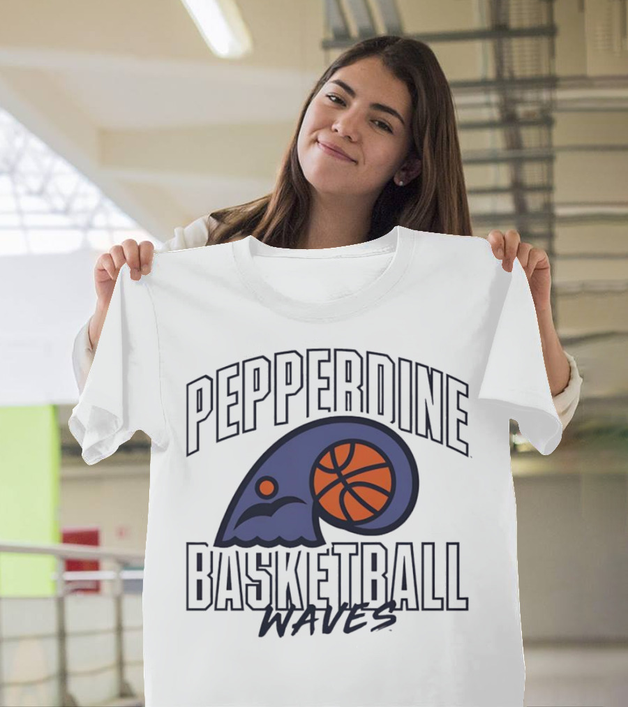 Pepperdine Waves Basketball Logo With Orange Basketball And Wave T-Shirt
