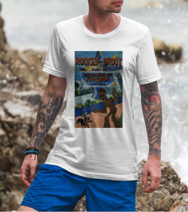 Rocket And Groot Explore The Wonders Of Xandar Featuring The Nova Corps T-Shirt
