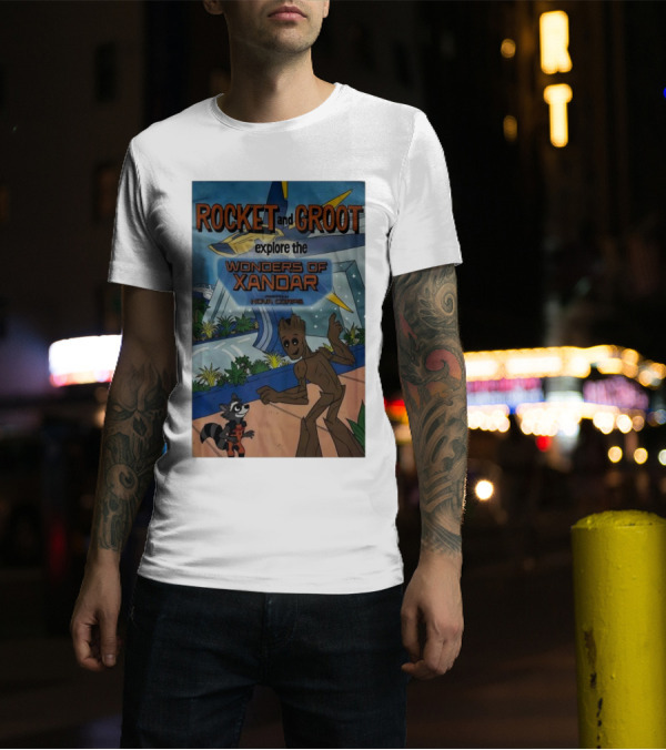 Rocket And Groot Explore The Wonders Of Xandar Featuring The Nova Corps T-Shirt