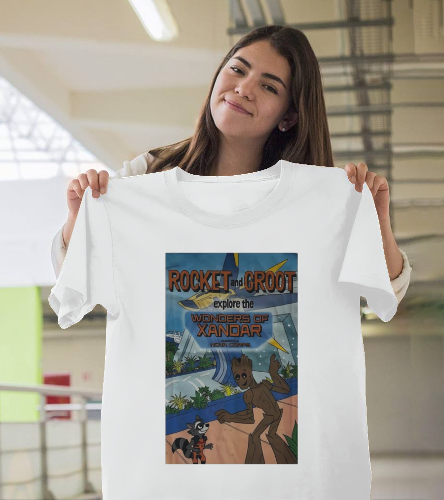 Rocket and Groot Explore the Wonders of Xandar Featuring the Nova Corps T-Shirt