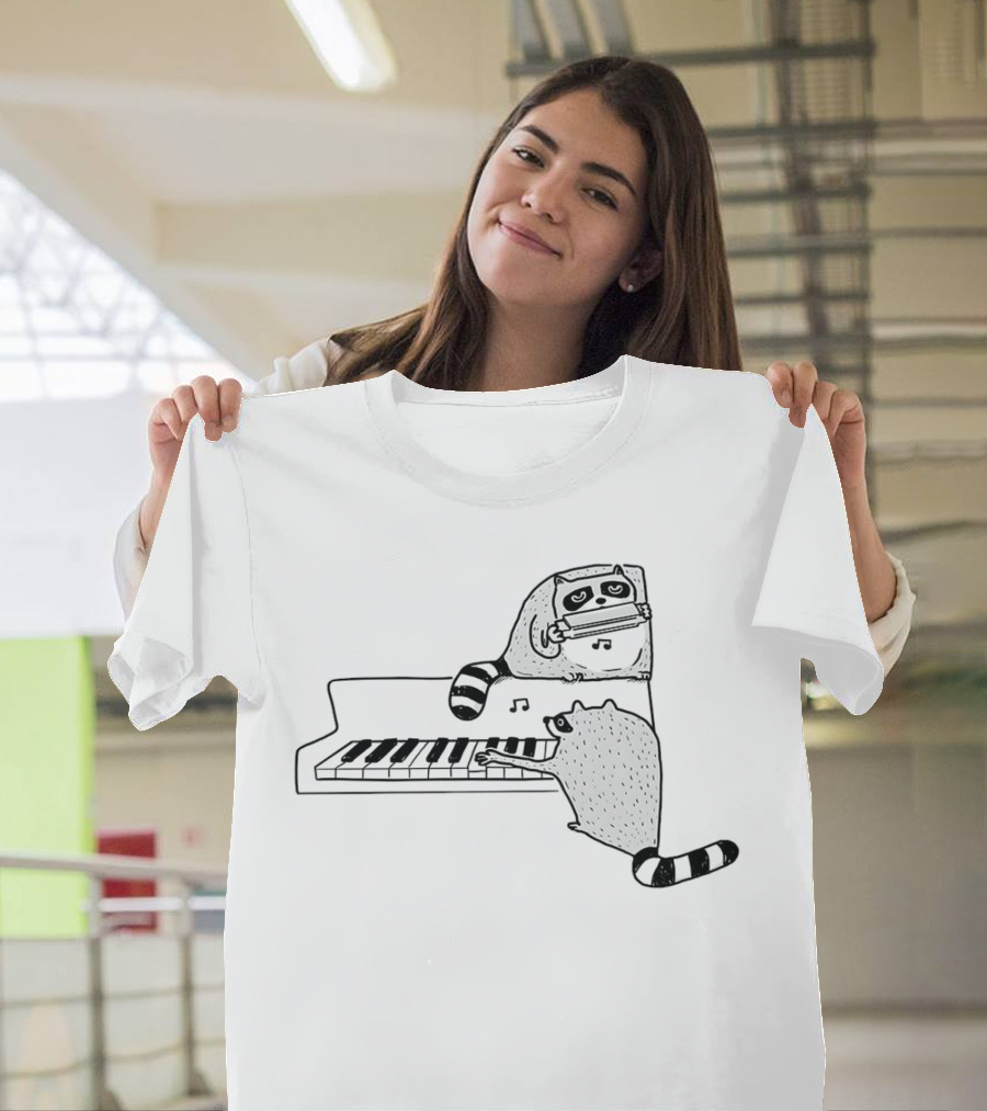 Racoon Playing Piano Nocturnal Musicians with Harmonica Duo T-Shirt