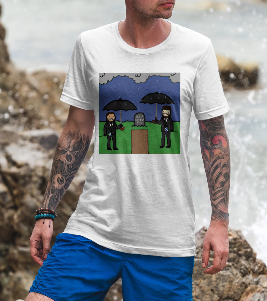 RIP SplashBros Cartoon Memorial With Suited Figures Holding Black Umbrellas T-Shirt