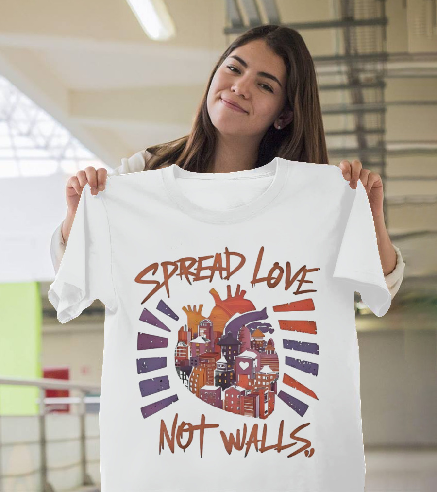 Spread Love Not Walls Cityscape Heart Crown Sunset T-Shirt