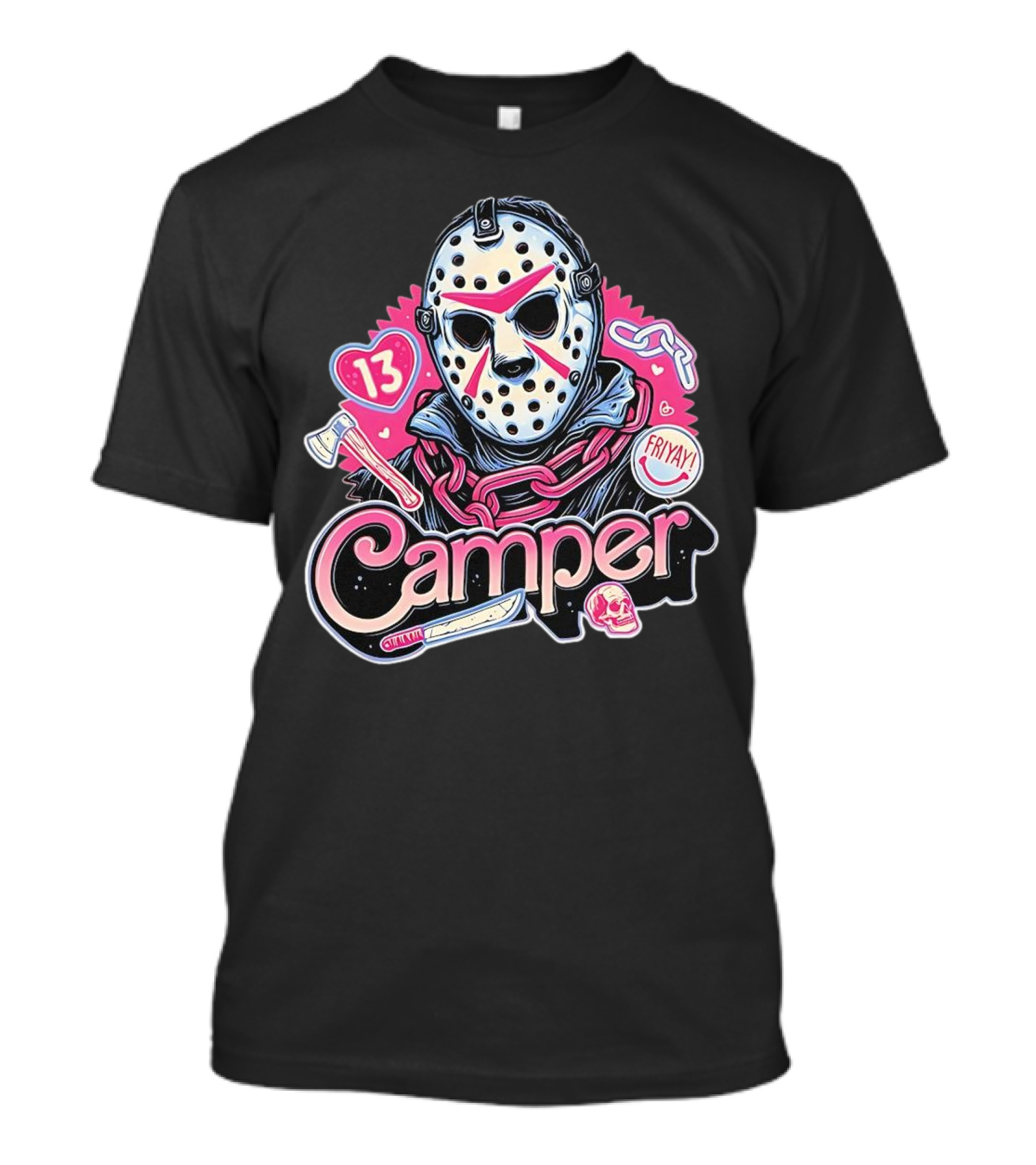 Camper 13 Jason Voorhees Mask And Chains With Ax And Knife Friyay Hearts T-Shirt