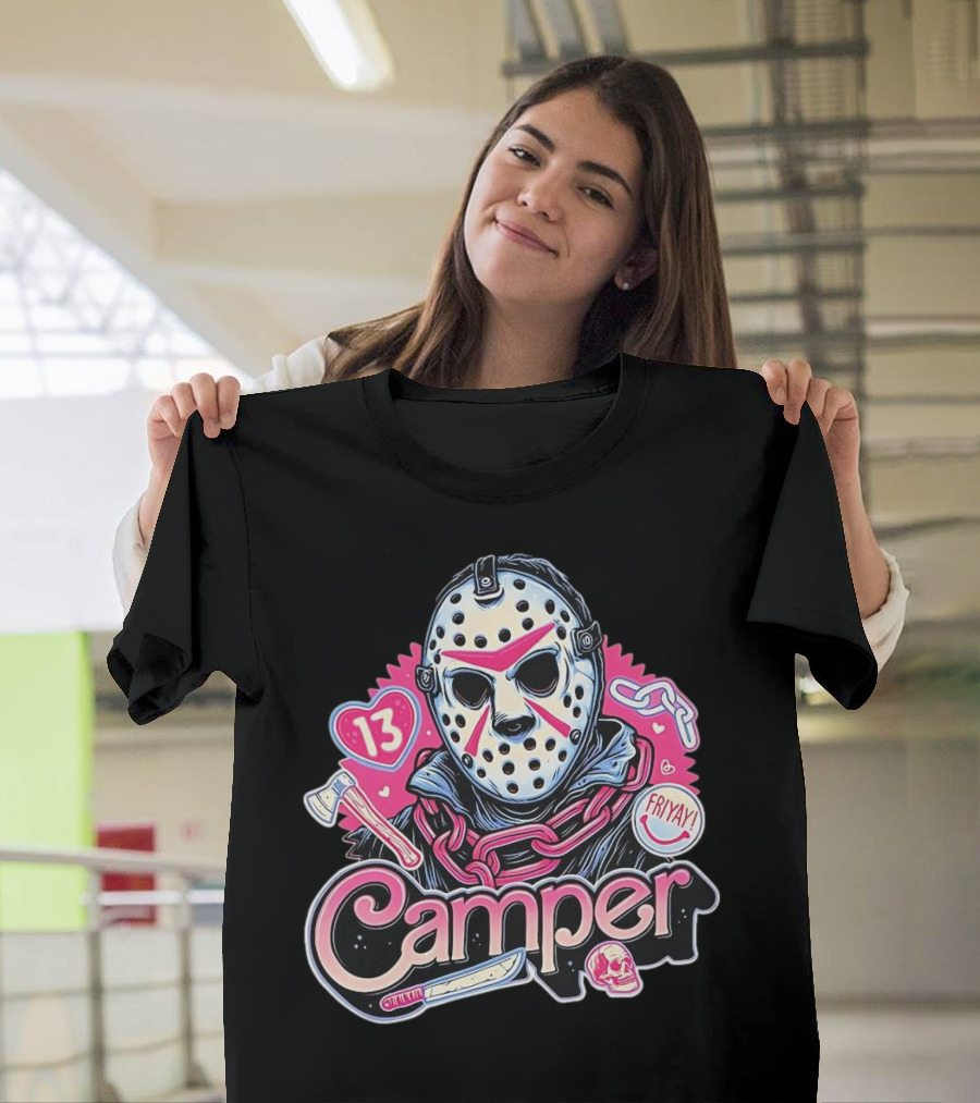Camper 13 Jason Voorhees Mask and Chains with Ax and Knife Friyay Hearts T-Shirt