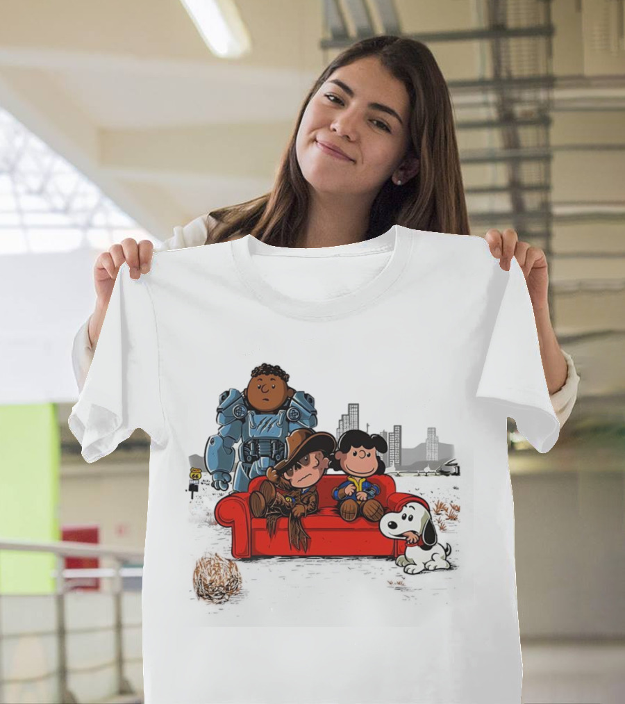 Peanuts Fallout Characters Crossover On Red Couch In Post-Apocalyptic City Scene T-Shirt