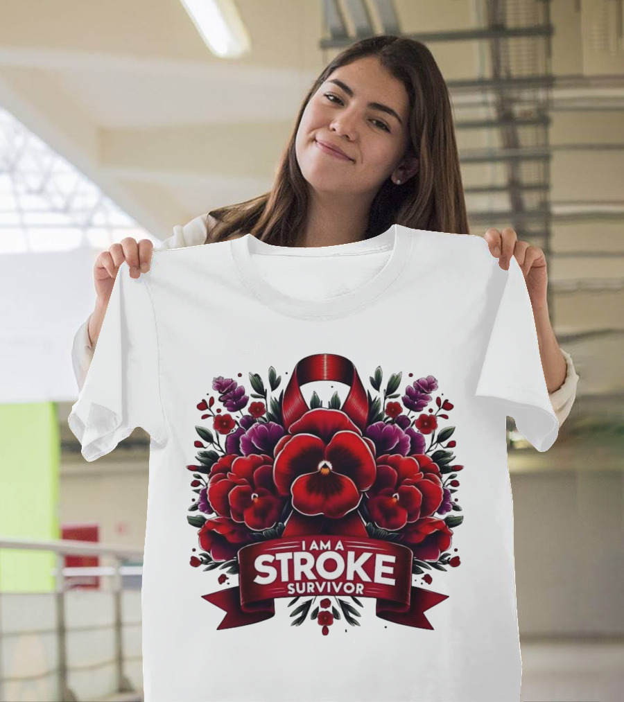I Am a Stroke Survivor Red Ribbon and Floral Bouquet T-Shirt