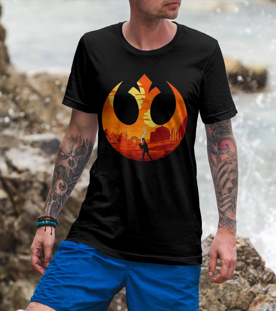 Luke Skywalker The Knight Farmer Tatooine Rebel Symbol Sunset Scene T-Shirt