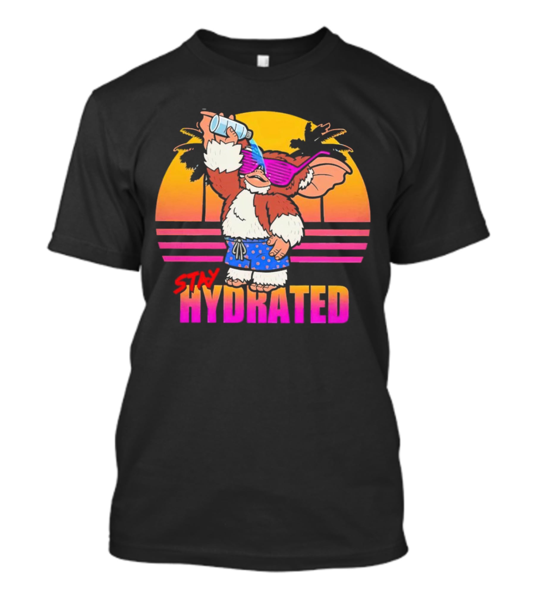 Stay Hydrated Gizmo Summer Beach Vibes With Sunset And Palm Trees T-Shirt