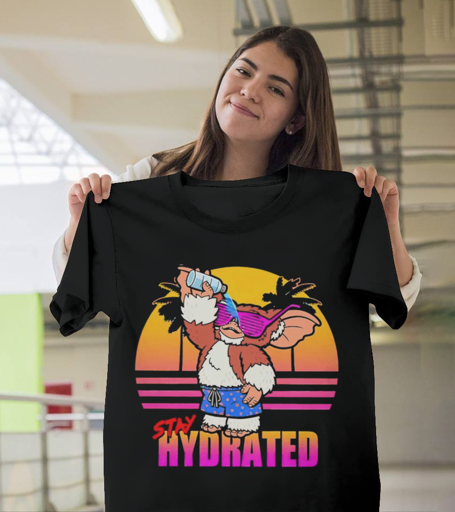 Stay Hydrated Gizmo Summer Beach Vibes with Sunset and Palm Trees T-Shirt
