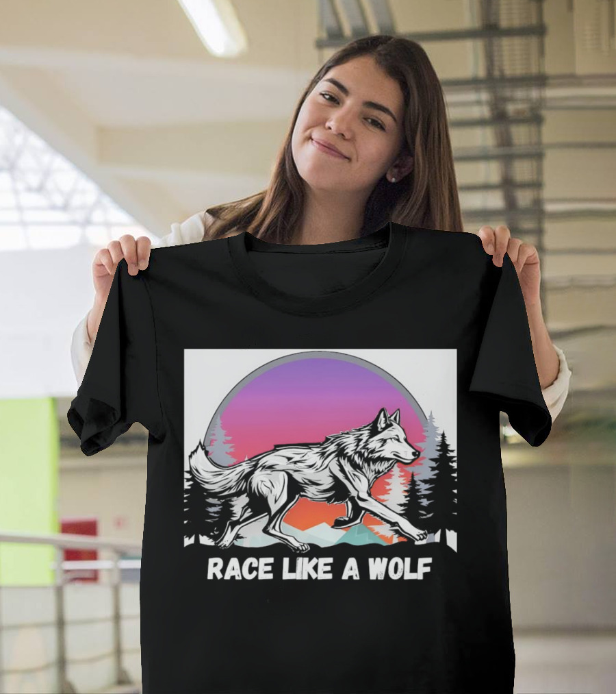 Race Like A Wolf Running Through Forest Silhouette At Sunset T-Shirt