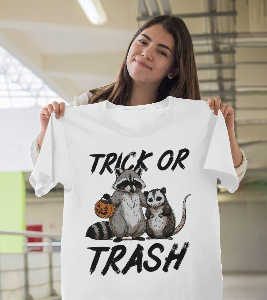 Trick Or Trash Halloween Raccoon With Pumpkin T-Shirt