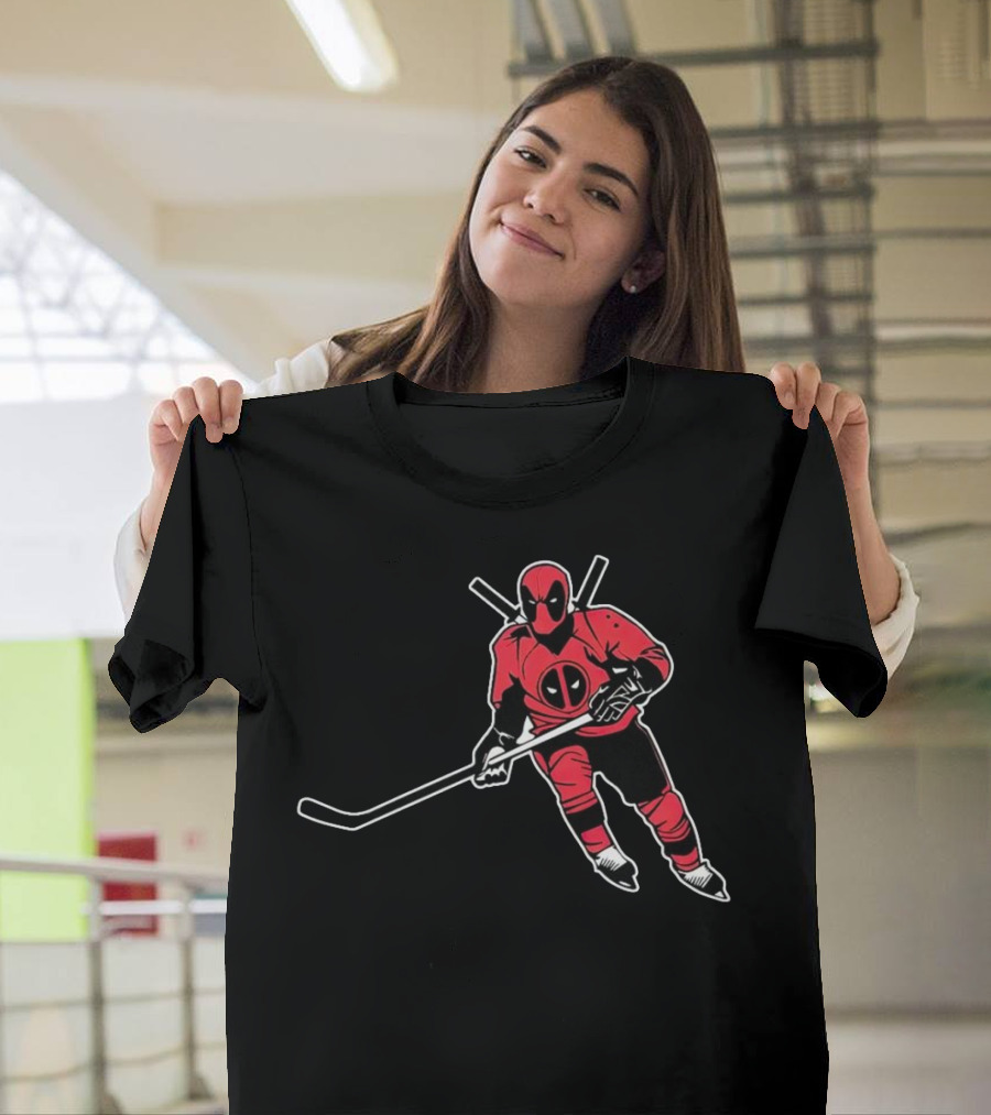 Deadpool Playing Hockey With Iconic Mask And Costume T-Shirt