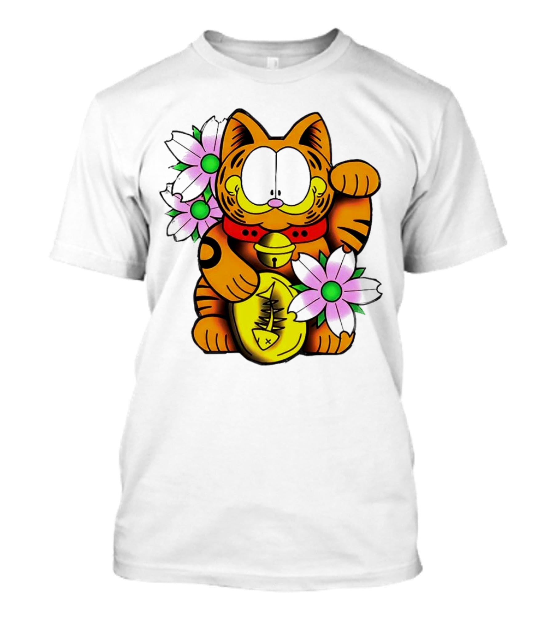 Garfield Maneki Neko With Fish Coin And Flowers T-Shirt
