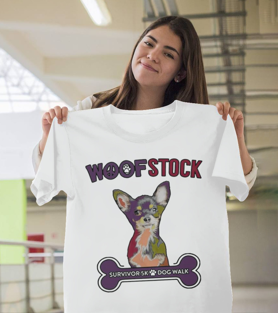 Woof Stock Peace Sign Survivor 5K Dog Walk Colorful Chihuahua Bone T-Shirt