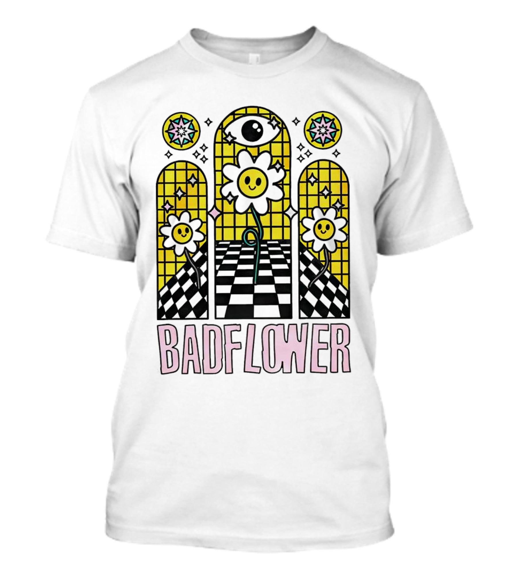 Badflower Eyeball Wall Happy Flowers Stained Glass T-Shirt