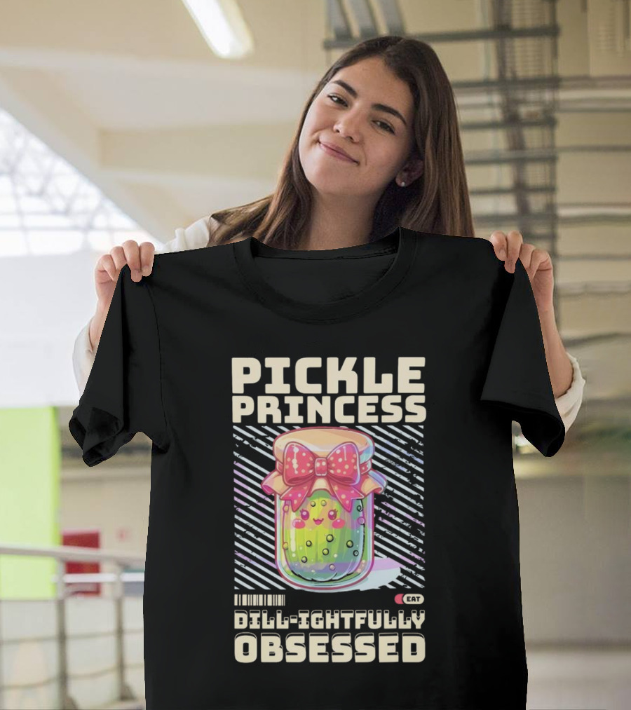 Pickle Princess Dill-ightfully Obsessed Retro Cute Jar with Bow and Barcode Eat T-Shirt