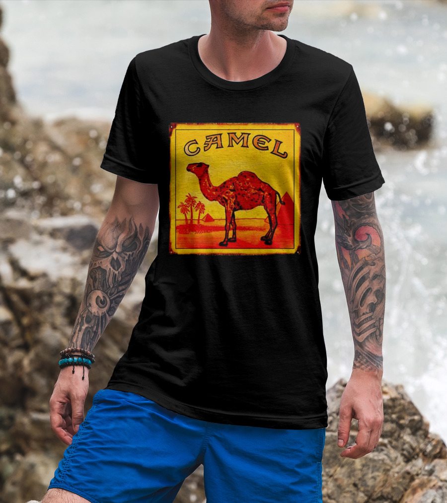 Vintage Camel Cigarettes Logo Yellow Square With Red Camel And Pyramids T-Shirt