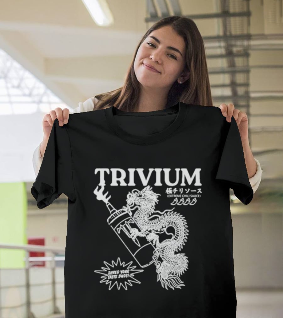 TRIVIUM Extreme Chili Sauce Shred Your Taste Buds Dragon Bottle T-Shirt
