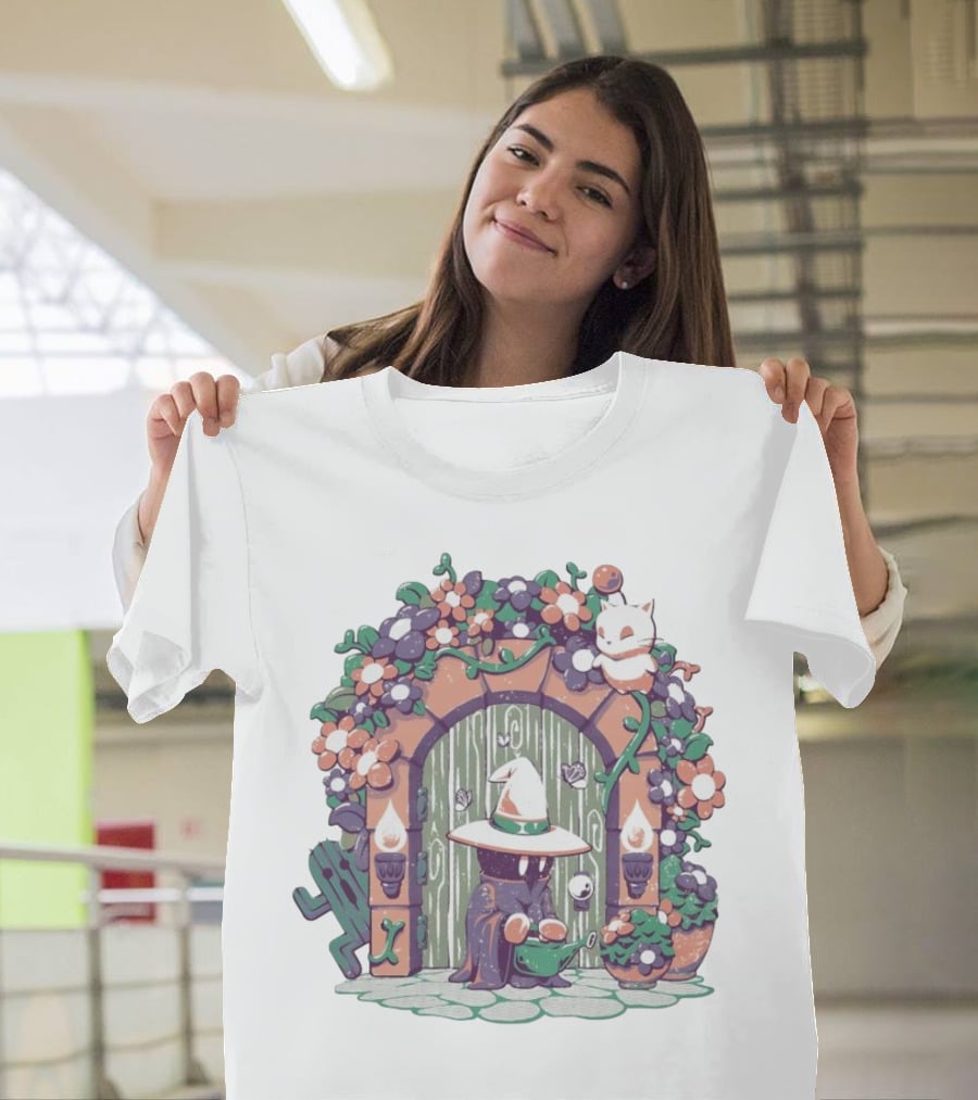 A Gardening Mage And Friends Enchanted Floral Doorway Fantasy Garden Scene T-Shirt