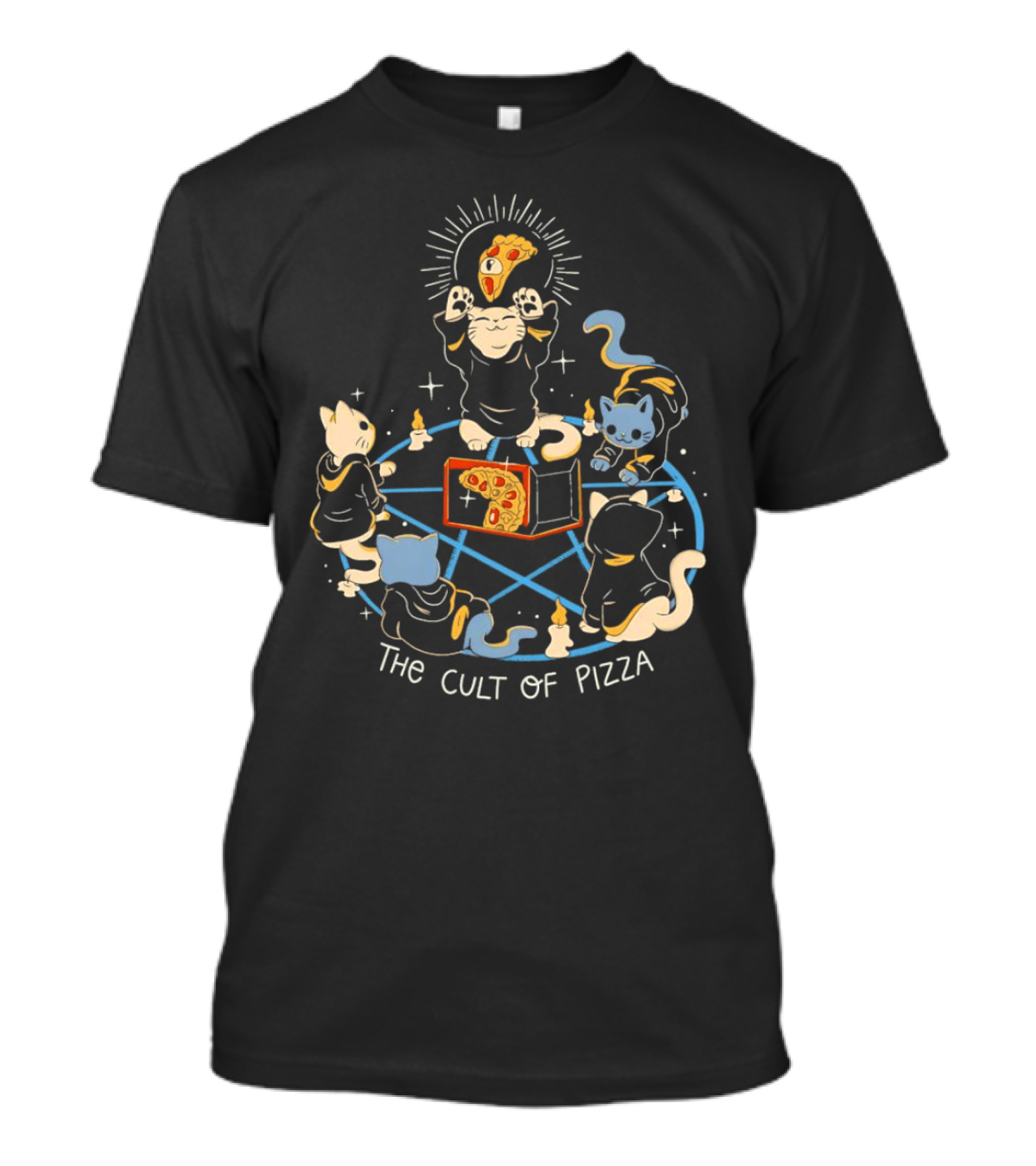 The Cult Of Pizza Cats Summoning Ceremony With Illuminated Slice And Mystical Blue Pentagram T-Shirt