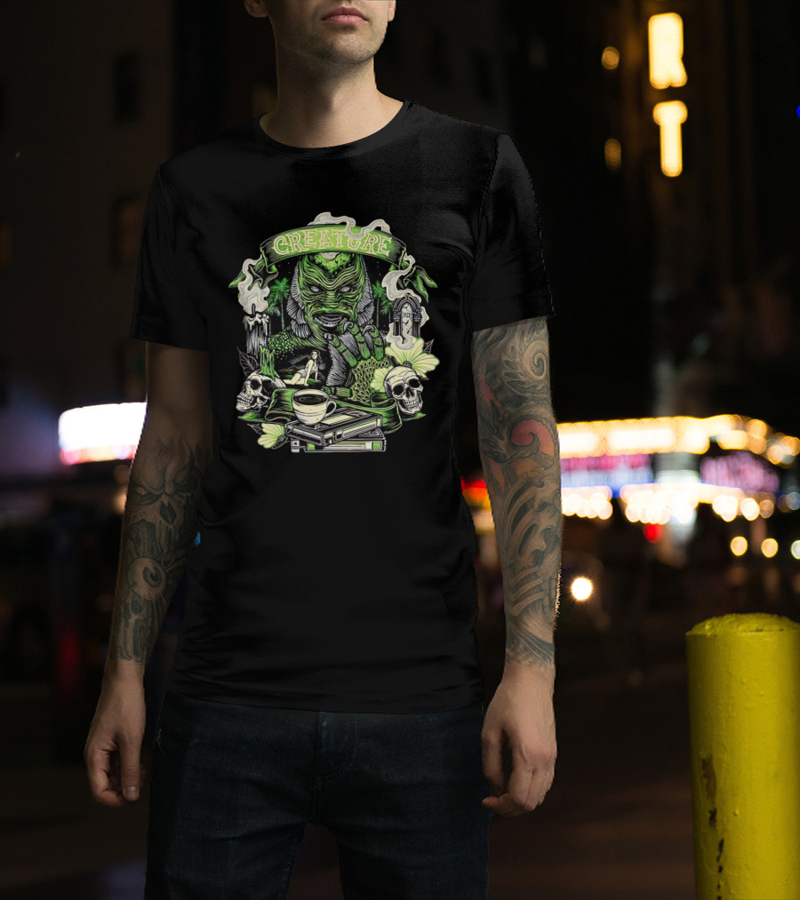 Creature From The Black Lagoon Gill-man Illustrated With Skulls, Books, And Coffee Cup T-Shirt