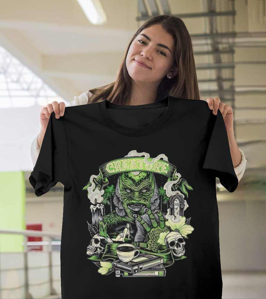 Creature From The Black Lagoon Gill-man Illustrated With Skulls, Books, And Coffee Cup T-Shirt
