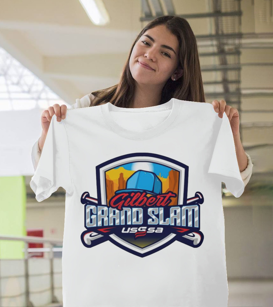 Gilbert Grand Slam USSSA Arizona Baseball 2024 Shield Logo With Baseball Bats and Desert Cactus Background T-Shirt