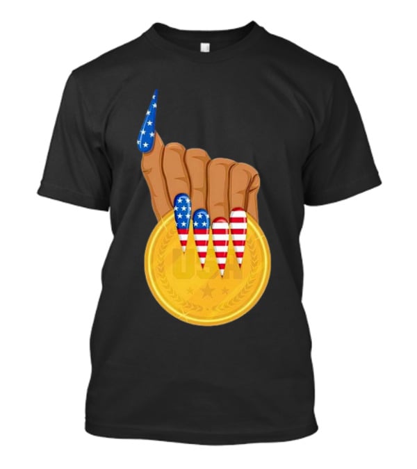 USA Gold Medal Hand With American Flag Nails T-Shirt