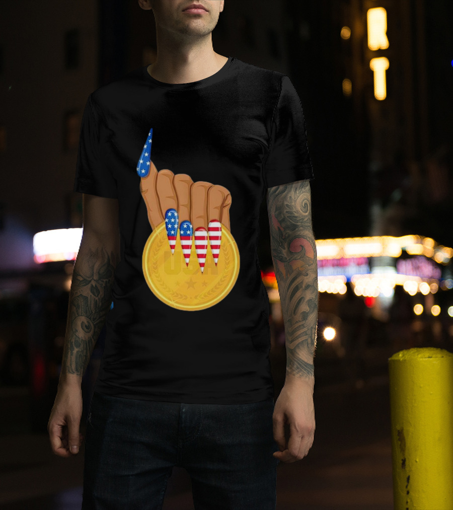 USA Gold Medal Hand With American Flag Nails T-Shirt