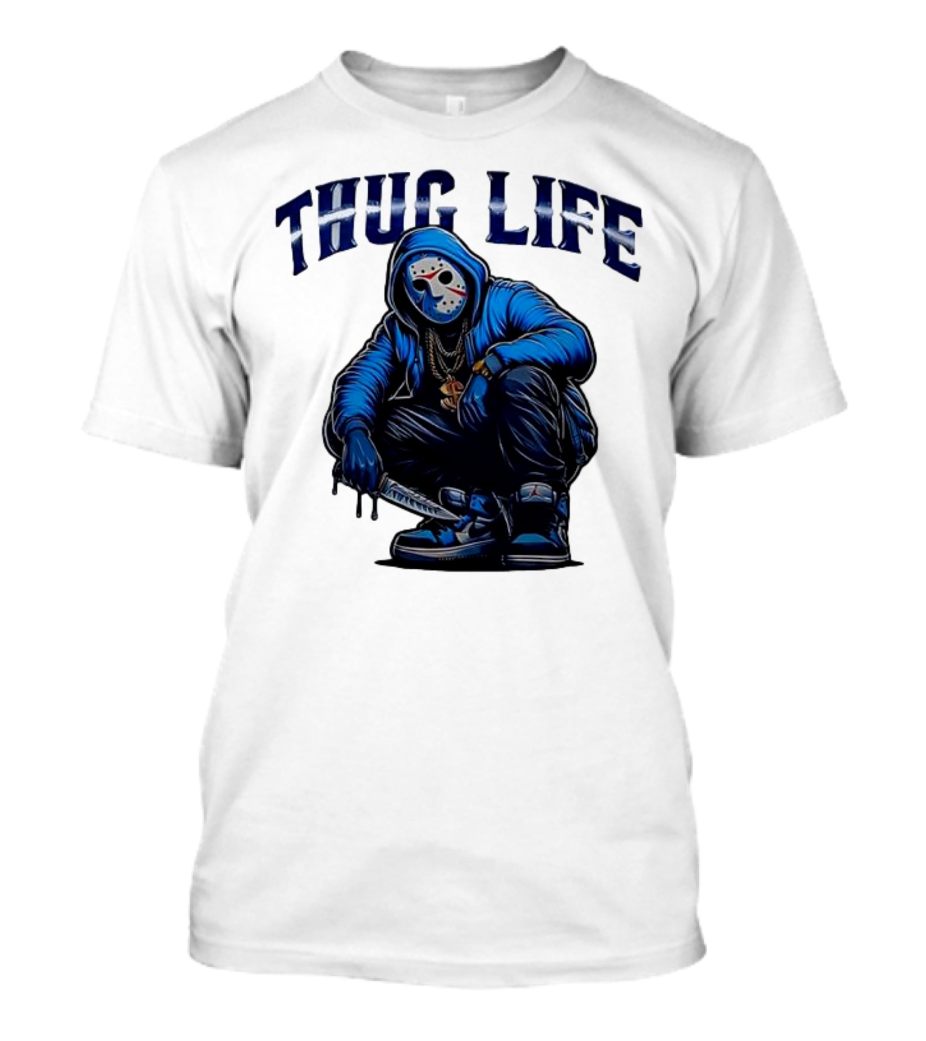 Thug Life Masked Man Sitting With Knife In Blue Hoodie And Sneakers T-Shirt
