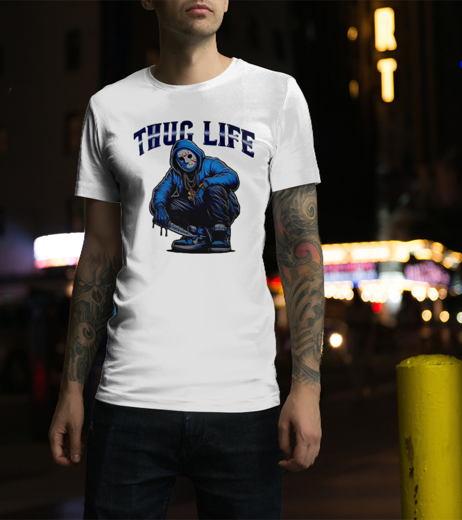 Thug Life Masked Man Sitting With Knife In Blue Hoodie And Sneakers T-Shirt