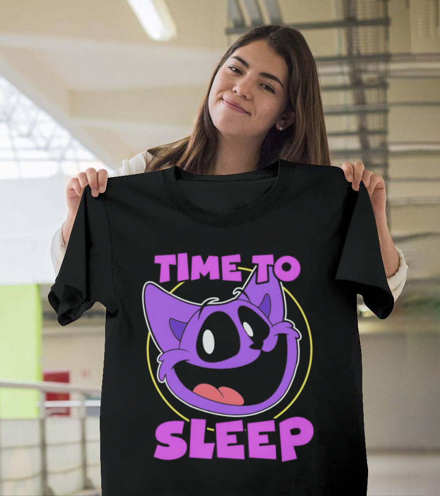 Time To Sleep Purple Cat Cartoon Face T-Shirt