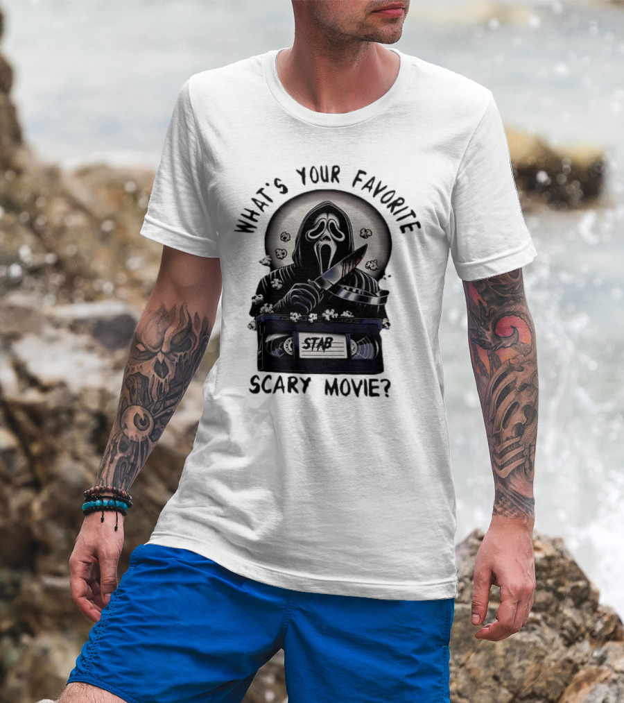 What's Your Favorite Scary Movie Ghostface Stab VHS Popcorn T-Shirt