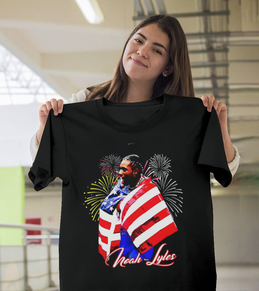 Noah Lyles with American Flag Fireworks T-Shirt