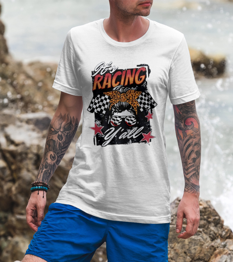 It's Racing Y'all Racing Girl Checkered Flag Leopard Print Bow T-Shirt