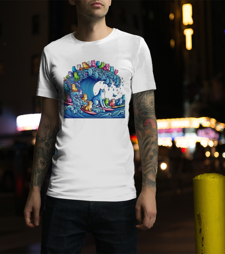 Cats Surfing In A Colorful Wave Bringing Joy T-Shirt